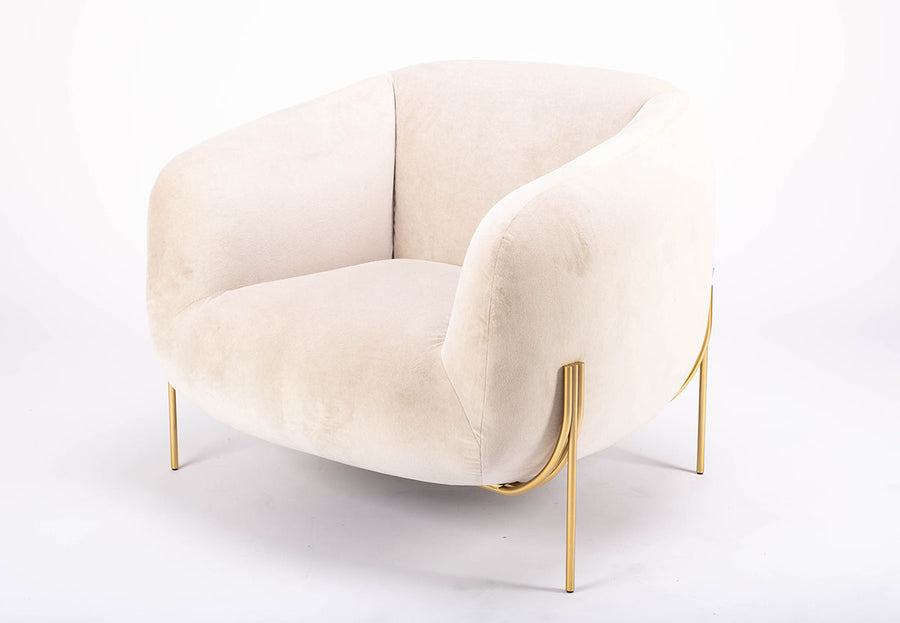 A white GEO lounge chair with light volume metallic legs, front and side view.