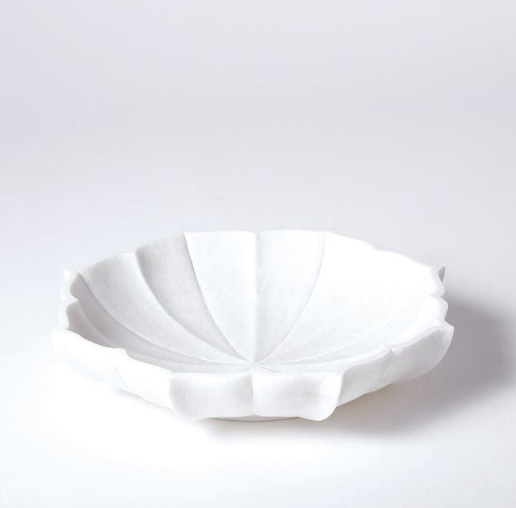 Marble Petal Bowl formed in snow white honed marble and pieces carved into petal-like shapes.